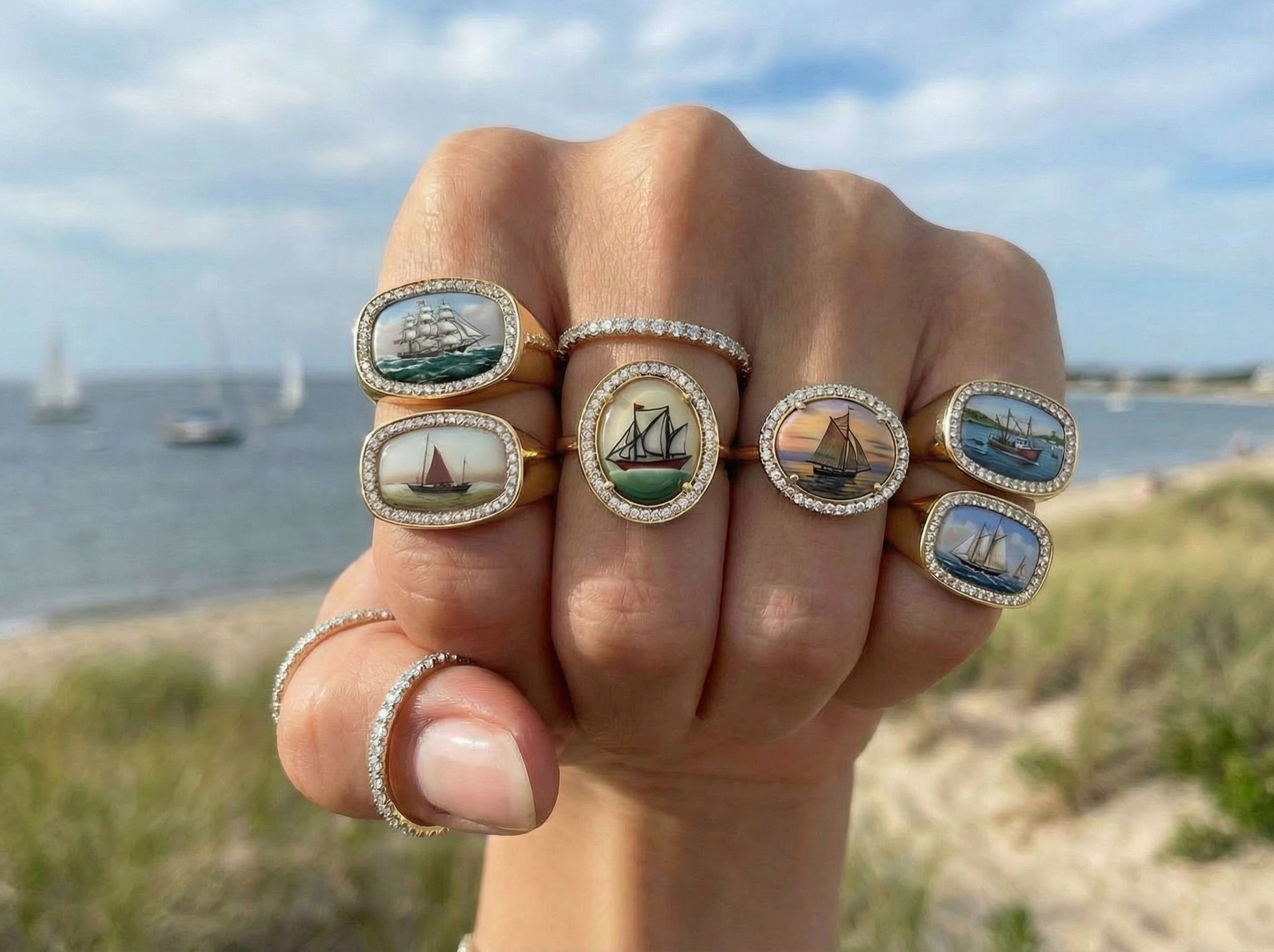 Hand-painted ship rings worn stacked